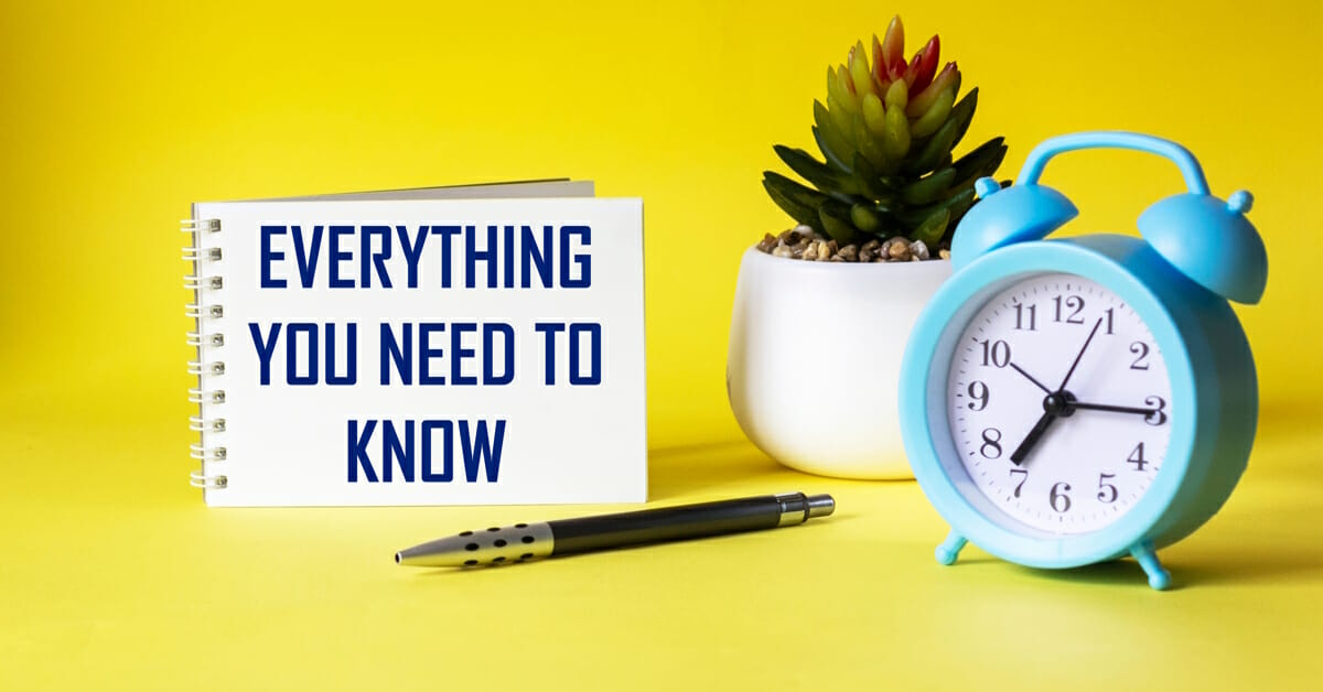 Everything you need to know. Motivational quote is written on a notebook, next to a cactus, an alarm clock and a pen on a yellow background.