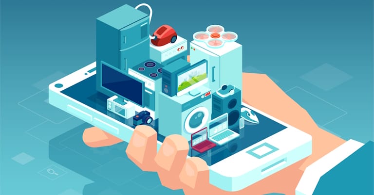 illustration of a phone with miniature household electronics stacked on top